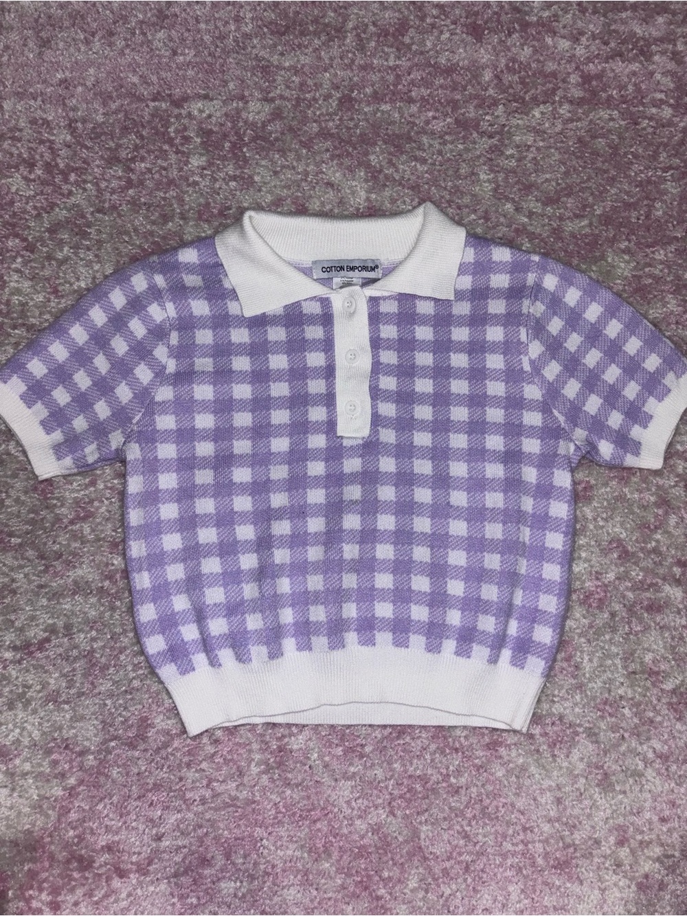 Cotton Emporium Lavender and White Gingham Polo Knit Top
